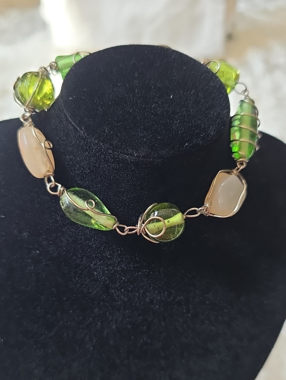 Green Glass & Cream Stone Wire-Wrapped Colorful Statement Bracelet Size 9